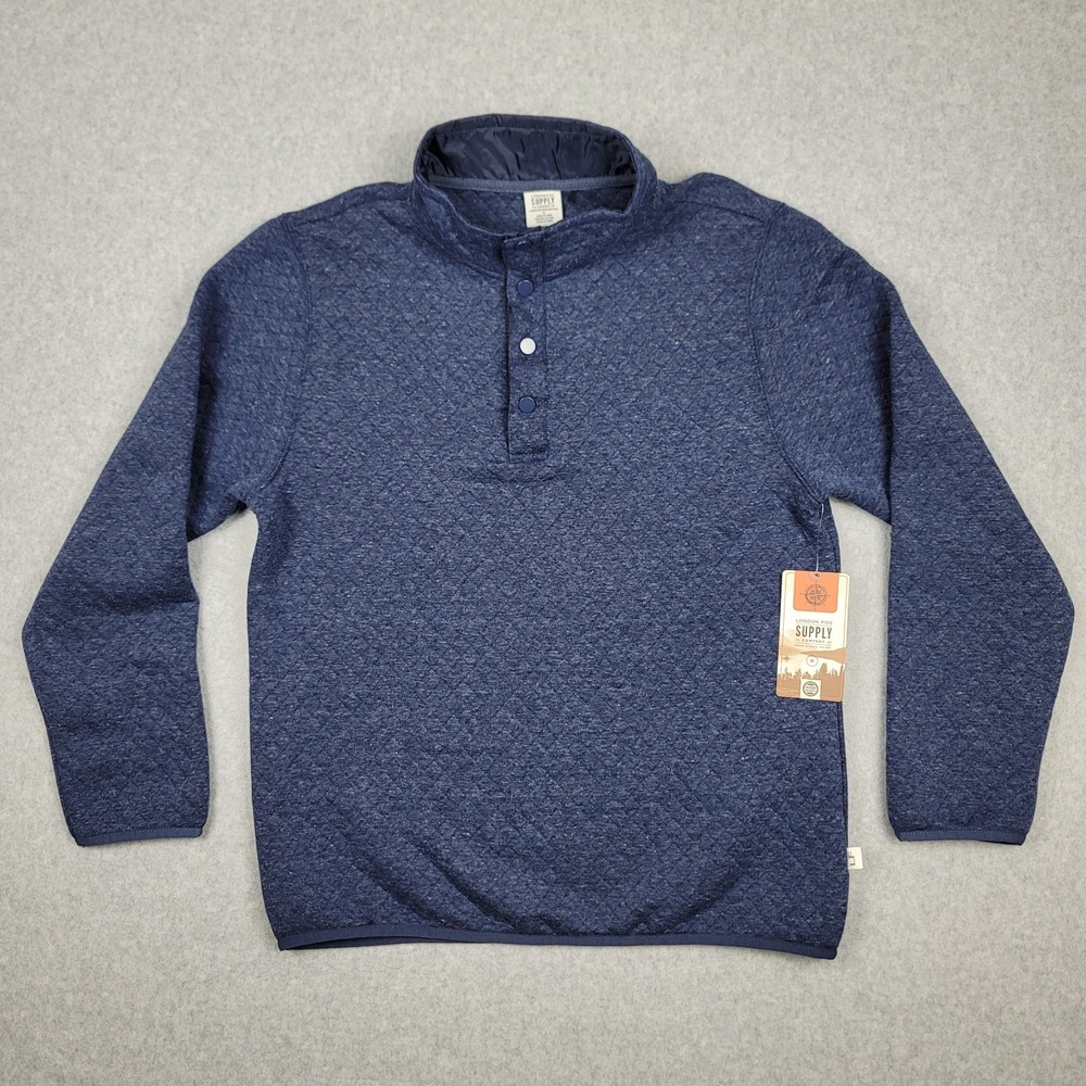 London Fog 1/4 Button Pullover Fleece Sweater Men's Sz Medium Navy Heather Blue